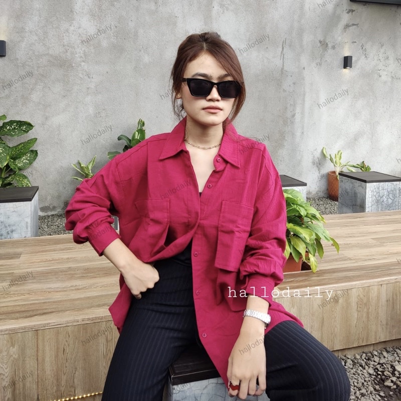 kemeja polos wanita oversize pocket linen crinkle blouse