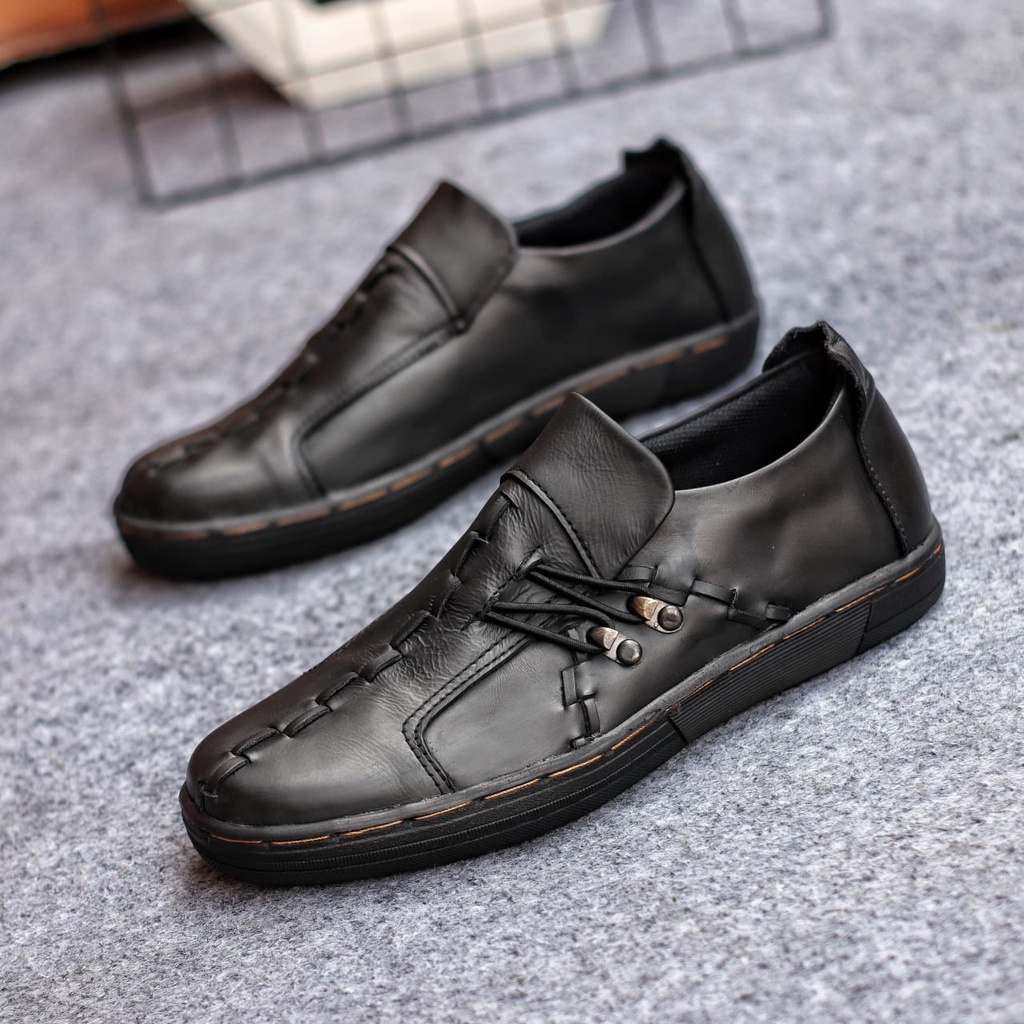 ALIGA|Sepatu Formal Pantofel Pria Hitam Kulit Asli Kerja Kantor Slop Pria Trendy Kekinian Terbaru Original