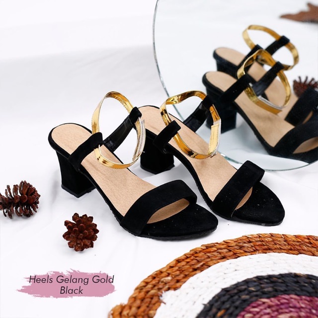 HEELS WANITA BLACK TALI GOLD / HEELS WANITA HITAM KEKINIAN SURABAYA BISA COD