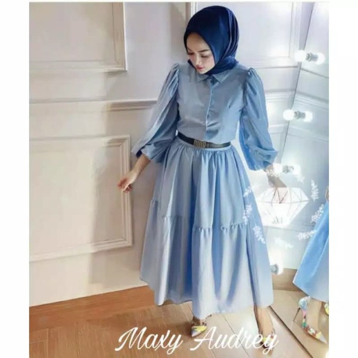 Gamis wanita DRESS WANITA TERBARU MX AUDREY GAMIS MUSLIM WANITA TANGAN BALON HQ - Biru Muda kekinian