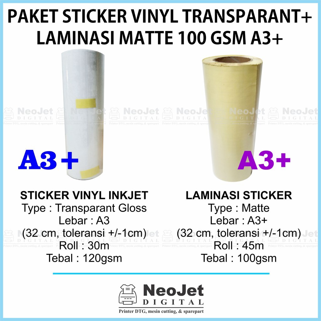 

Paket Sticker Vinyl Inkjet Transparan A3+ Laminasi Matte Doff 100 gsm A3+ Murah