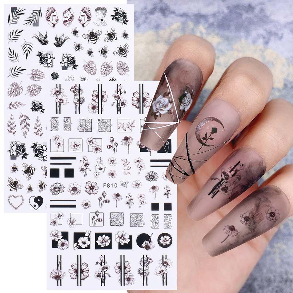 AUGUSTINA Agustin 3D Stiker Kuku Musim Gugur Musim Dingin Cat Air Geometri Daun Bunga Karakter Wajah DIY Nail Art