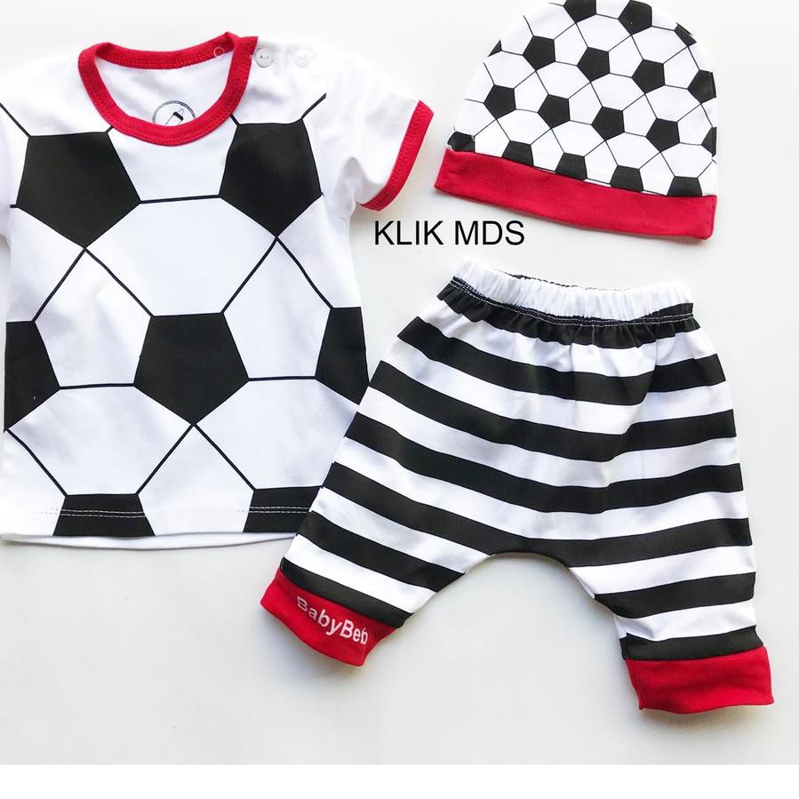 *Dijual* Klik Mds Setelan Baju Anak Bayi Laki-laki Motif Bola Free Topi 1 Ukuran Usia 0-9 Bulan .,.,
