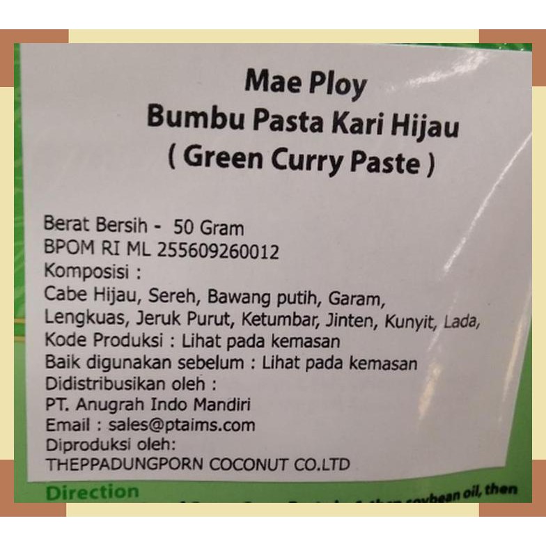 

Mae ploy | green curry paste | bumbu pasta kari hijau | 50 gram