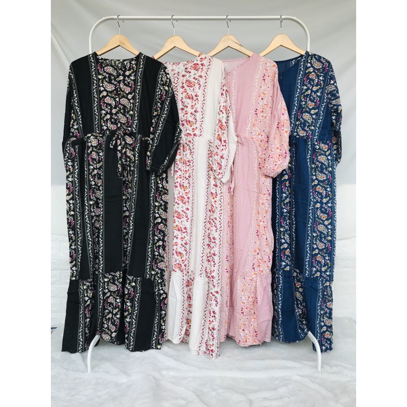 Gamis Rayon Busui Motif Bunga Kecil Garis Viral Jumbo