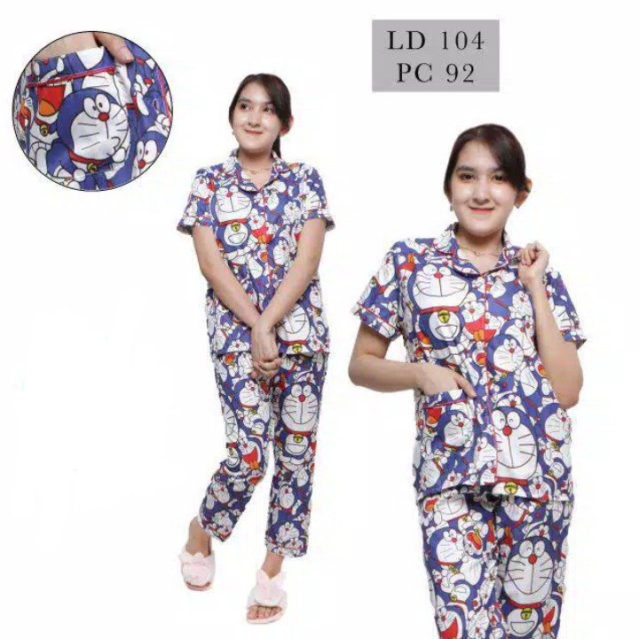 BAJU TIDUR WANITA/PIYAMA WANITA KATUN MOTIF DORAEMON TUMPUK CP/PP