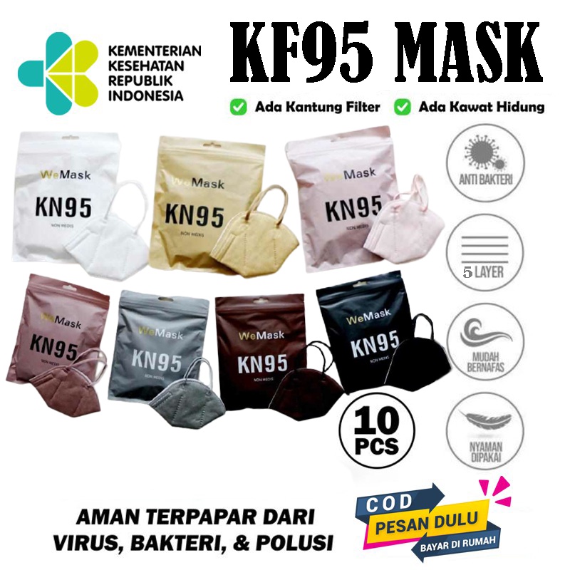 Masker KN95 isi10pcs Earloop Tali Senada Putih Abu Shrimp Pink Black Hitam Grey Abu 5 PLY ORIGINAL