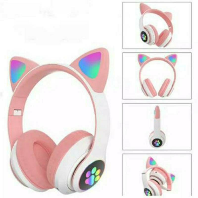 Headphone Bluetooh STN 28 Macaron Cat Ear Headset Wireless LED Headset STN28 Bando Telinga Kucing Lampu