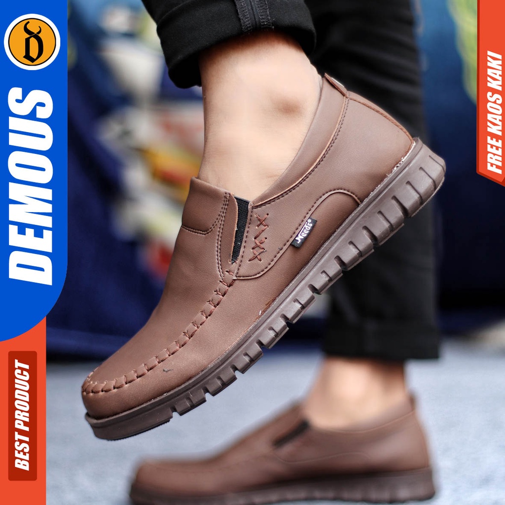 Sepatu Kasual Pria Casual Formal Slip On Kulit Pu Kerja Hitam Coklat Demous Bleno