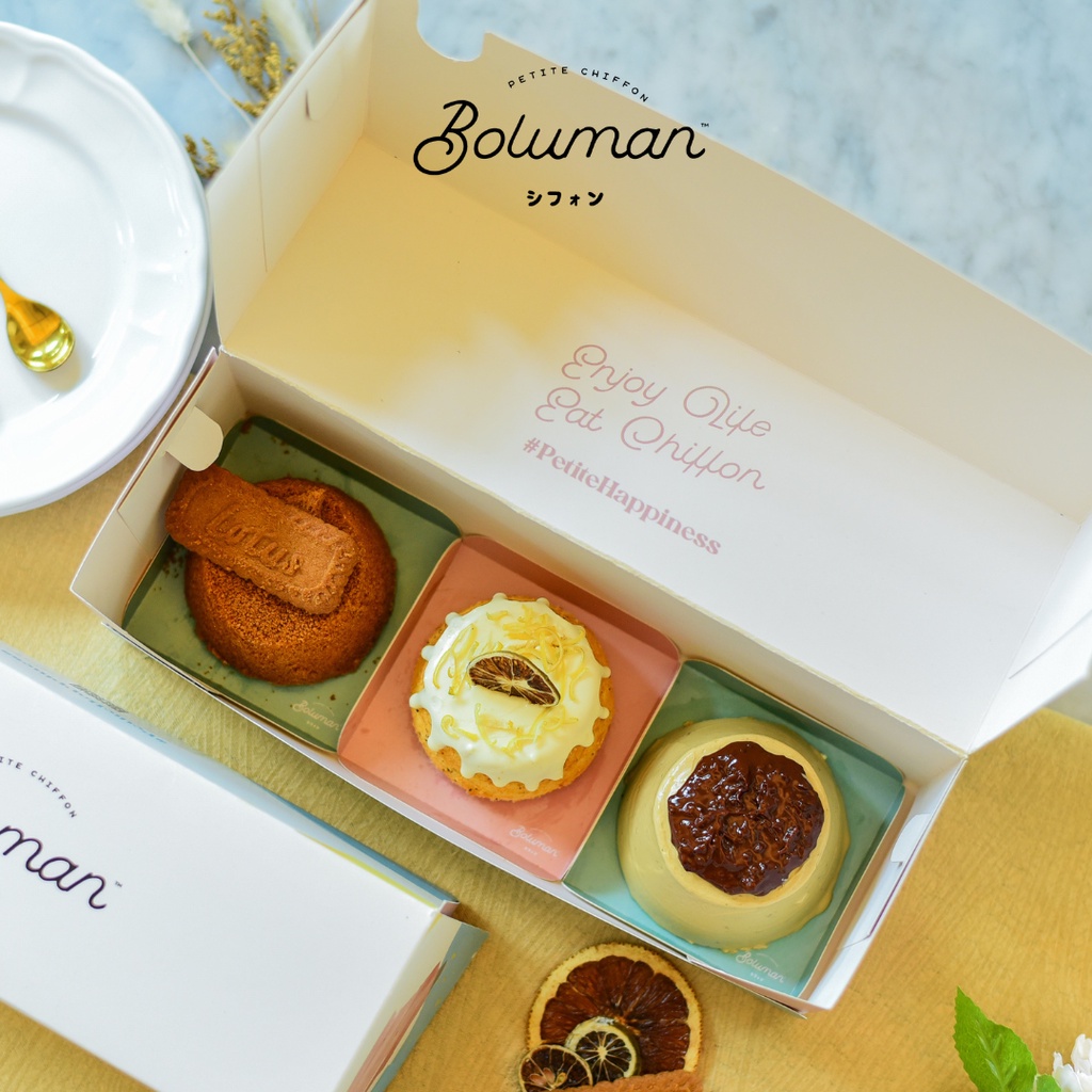 

Boluman | Petite Chiffon Box of 3 - The Artisan Series | Cake | Gift | Bolu Chiffon