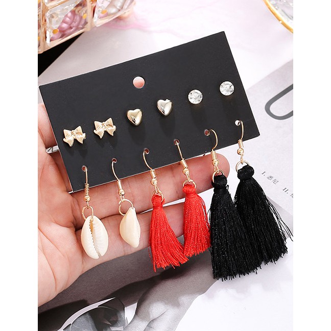 LRC Anting Set Fashion Color Shell Fringed Beach Heart Shaped Earrings Set 6 Pairs F76196