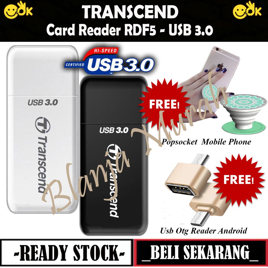 Card Reader USB 3.0 RDF5 Transcend - Black GRATIS Popsocket Mobile Phone &amp; Usb OTG Reader Android