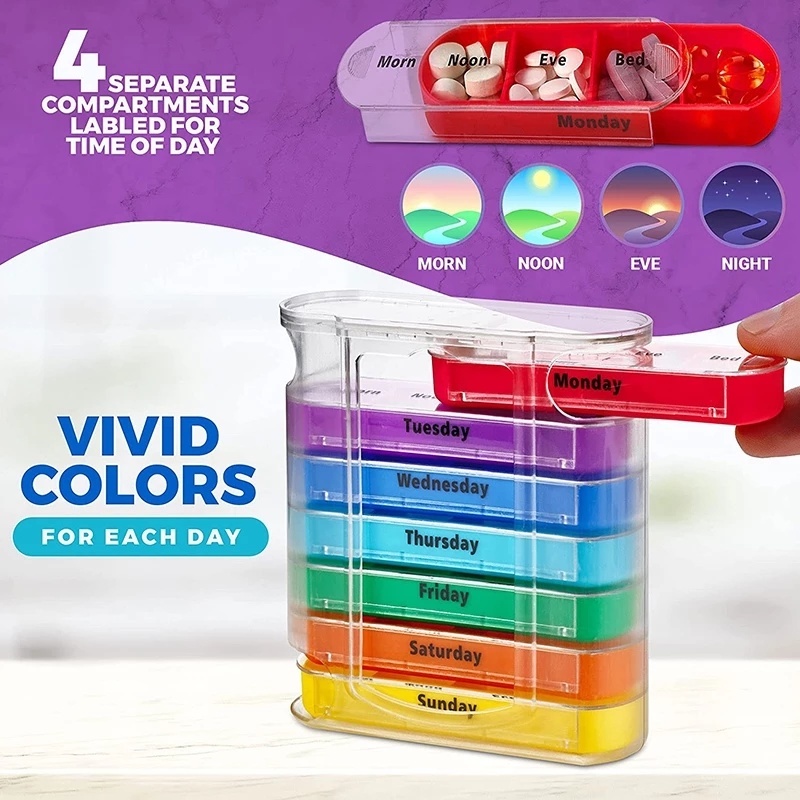 Kotak Penyimpanan Obat Pil Portabel 28 Grids 7 Hari Mingguan Tahan Air Tahan Lembab Bahan Plastik Warna-Warni 4 Kali Untuk Travel