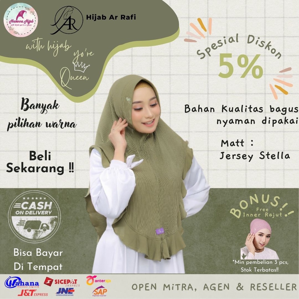 Arrafi Hijab Terbaru AR 558 Model Kain Pliskit Jersey Stella Ped Antem Variasi Rampel depan