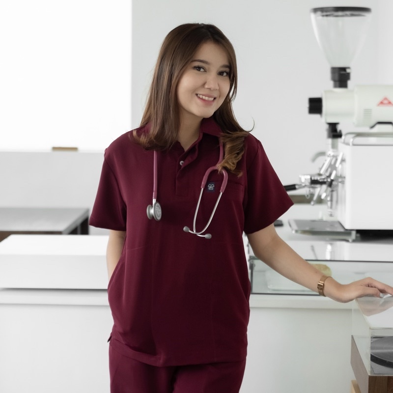 Baju Jaga POLO SS - MAROON Scrubs Theatre Blues First Line Lengan Pendek