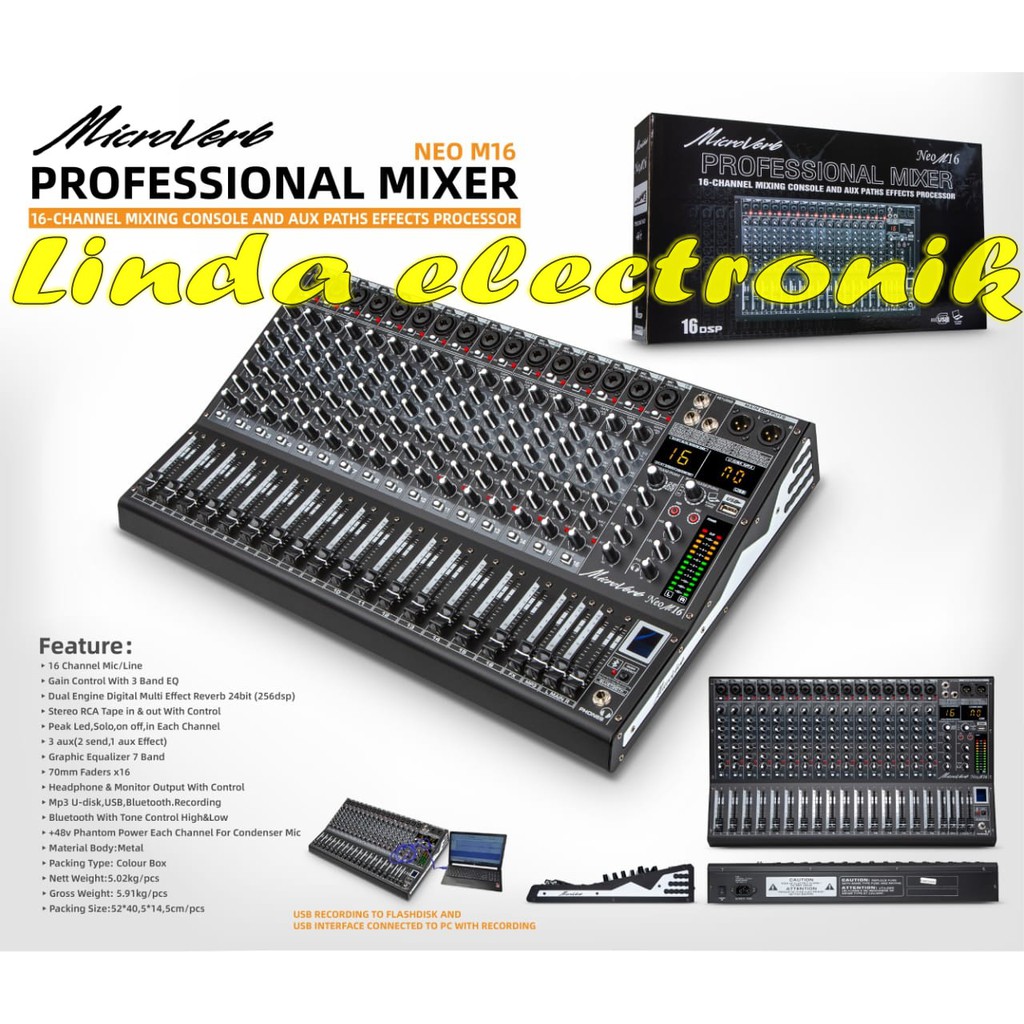 MIXER AUDIO MICROVERB NEO M16 16CH USB-BLUETOOTH RECORDING-SOUND CARD