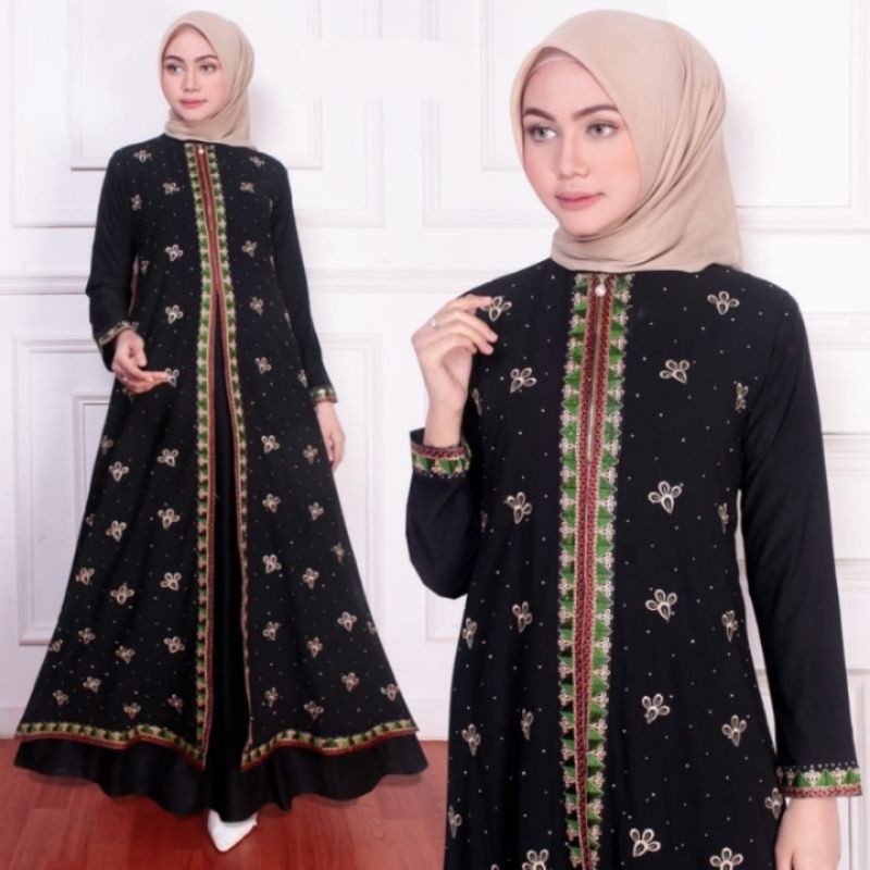 GAMIS ABAYA TURKEY HITAM BORDIR MEWAH LIST HIJAU BUSUI PREMIUM FULL CERUTY 004