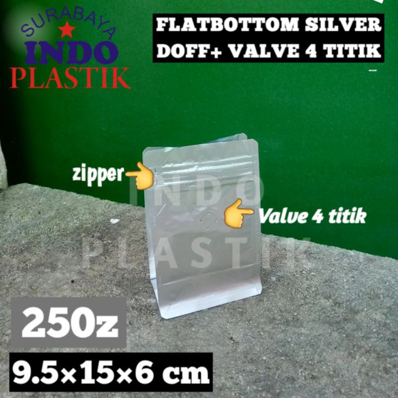 Kemasan Kopi Flatbottom Full Silver 250gr VALVE Kpack