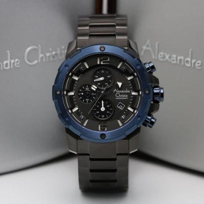 Jam Tangan Pria Alexandre Christie AC 6410 MC Full Black List Blue Stainless Steel Original
