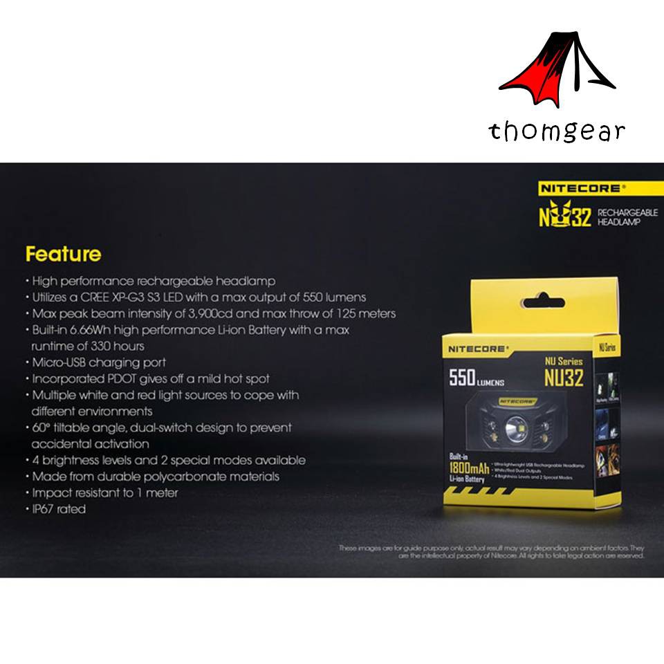 Headlamp Nitecore Nu32 Senter Kepala Chargerable Cree Xp-G3 S3 550 Lumens Jm Thomgear