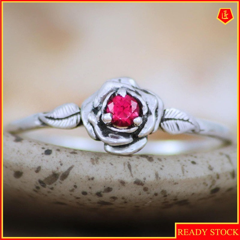 [Ready Stock]Retro Silver Rose Ring Creative Inlaid Red Gem