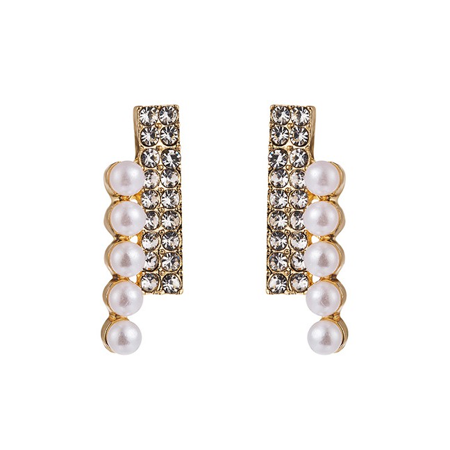 LRC Anting Tusuk Fashion Left And Right Double Half Diamond And Half Pearl Earrings D86642