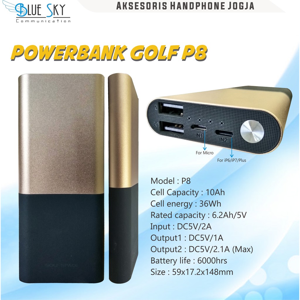 POWERBANK 10.000MAH GOLF P8 PORTABLE 2USB MICRO APPLE IP