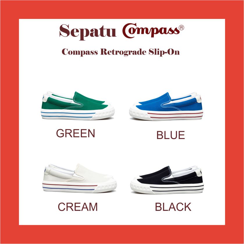 Sepatu Compass Retrograde Slip On Black White / BW - Green - Blue - Cream Low Size 34 35 36 37 38 39