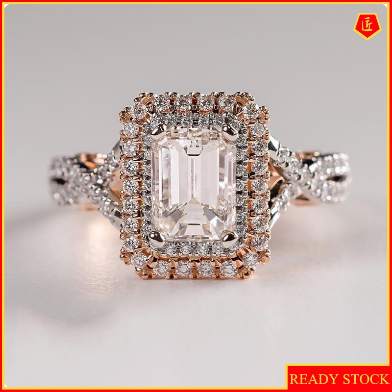 [Ready Stock]14K Rose Gold Two-Tone Square Diamond Ring Fashion Elegant