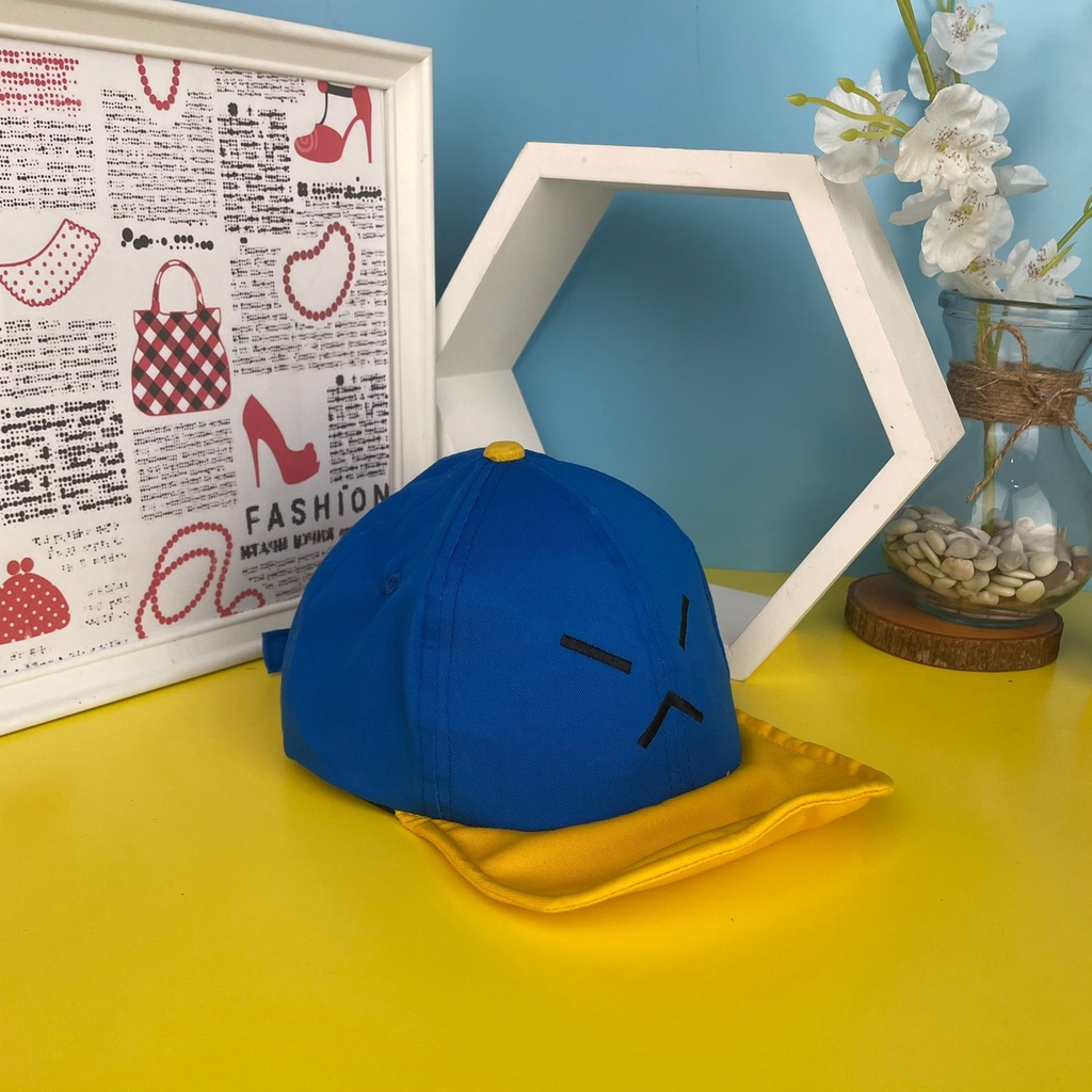MetaCollections TOPI ANAK FASHION HAT MOTIF EKSPRESI LUCU TOPI ANAK UNISEX MOTIF BORDIR EMOJI-BIRU