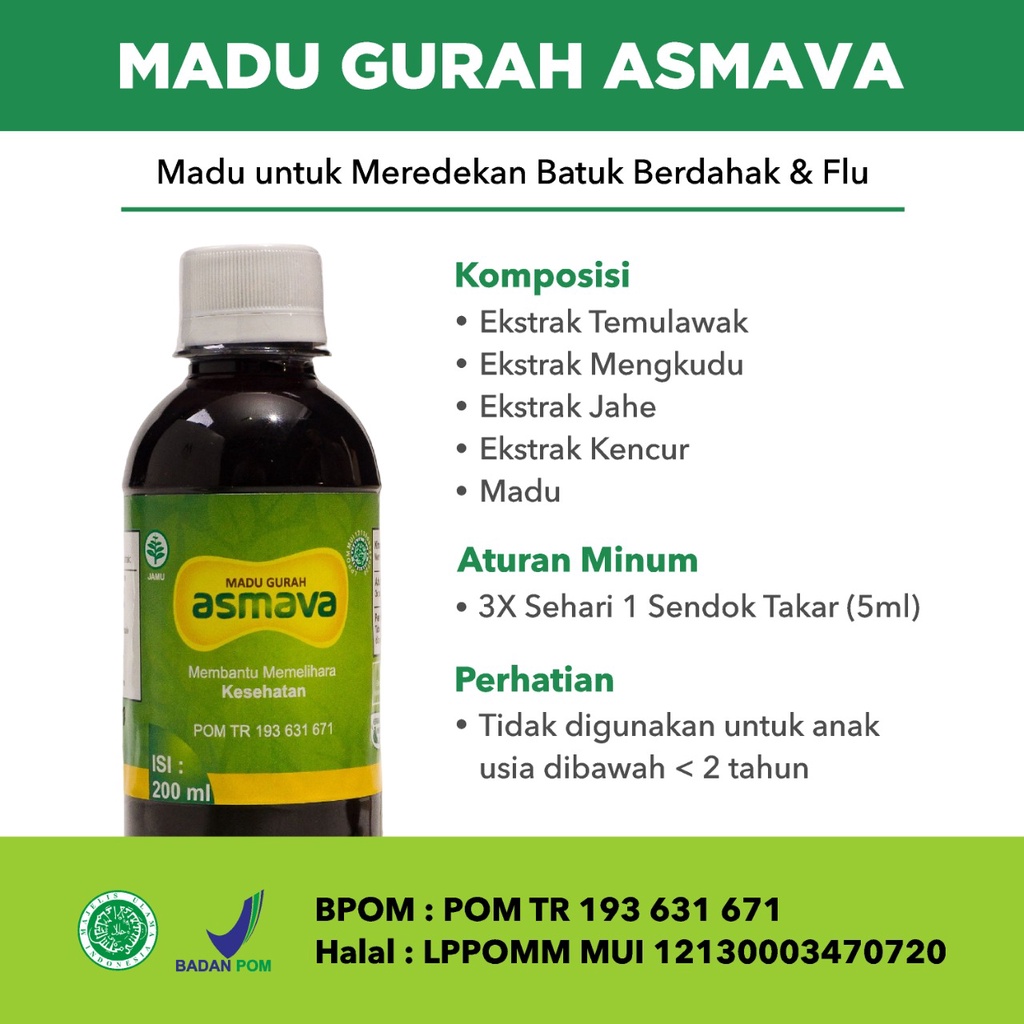 Madu GURAH ASMAVA Obat Batuk Berdahak Kering Gatal Radang Sakit Tenggorokan Flu Asma Sinusitis Sesak Nafas Paling Ampuh Bpom