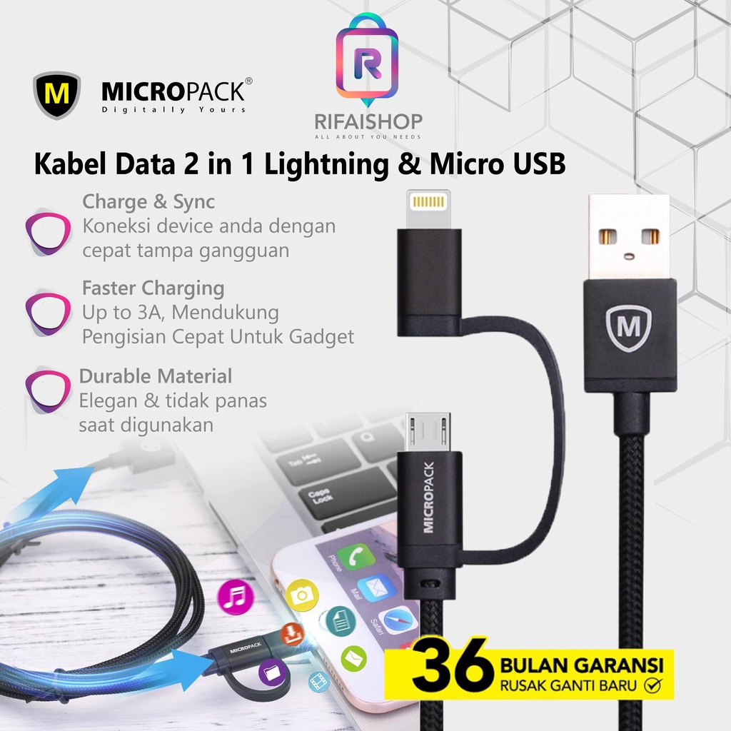 Kabel Data Lightning & Micro USB Cable 2 in 1 USB 2.0 i-201 Kabel Charger Original
