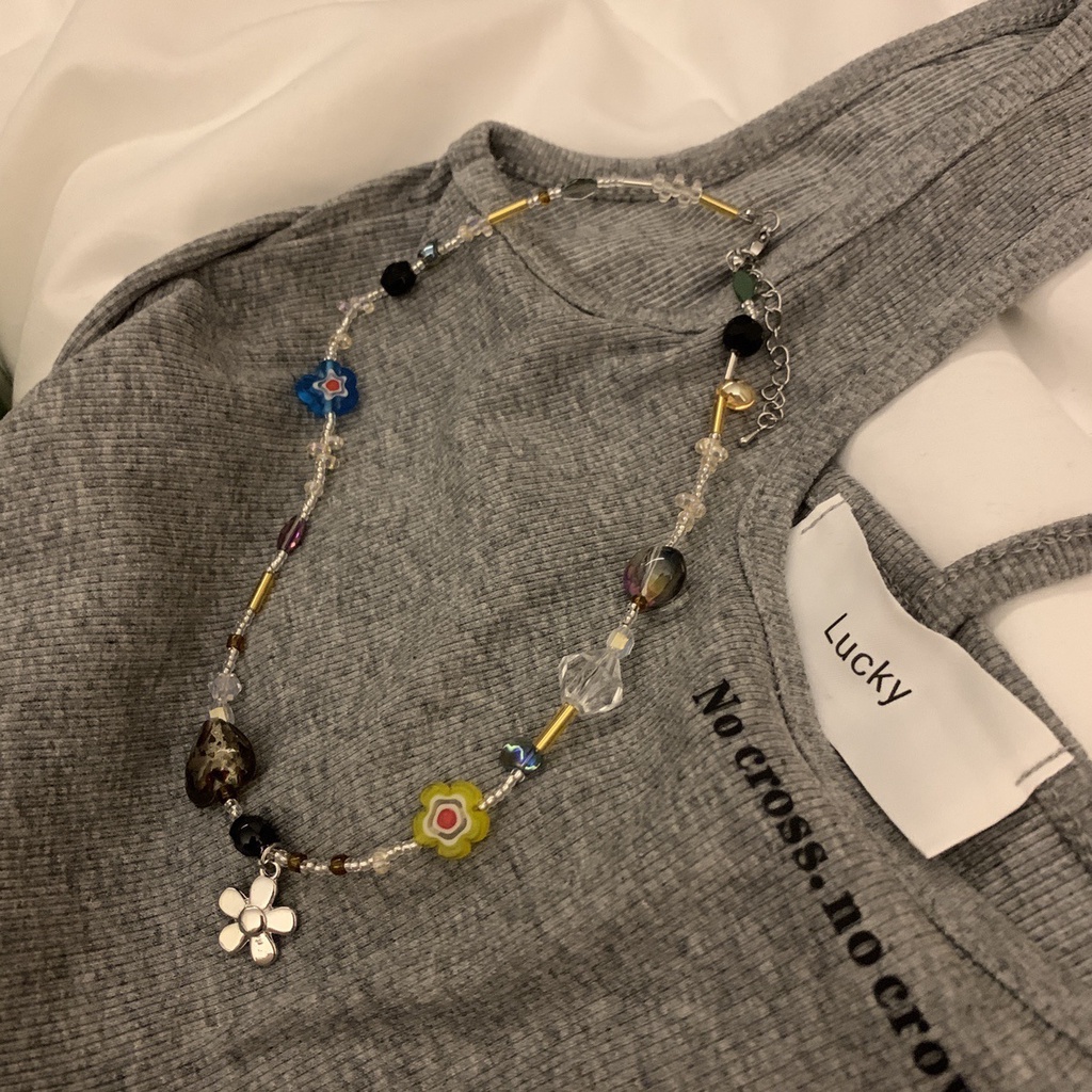 Kalung Manik-Manik Kristal Bentuk Hati Dan Bunga Warna Silver Gaya Punk