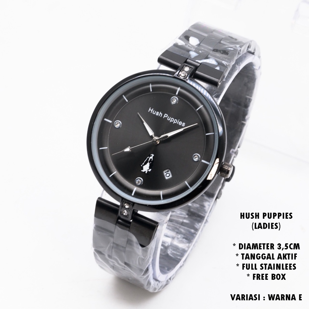 (BISA COD) JAM TANGAN WANITA HUSH PUPPIES H-059 RANTAI BODY BULAT TANGGAL AKTIF