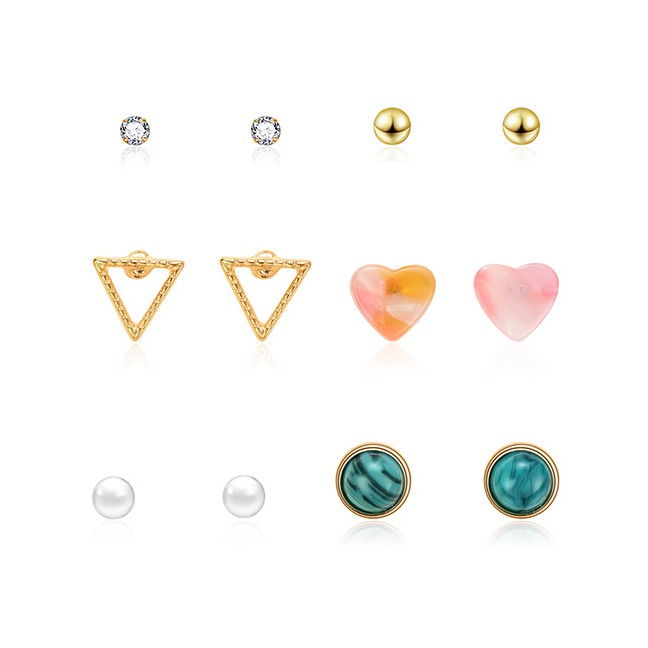 LRC Anting Set Fashion Gold Triangle Love Diamond Stud Earrings 6 Pairs F29776