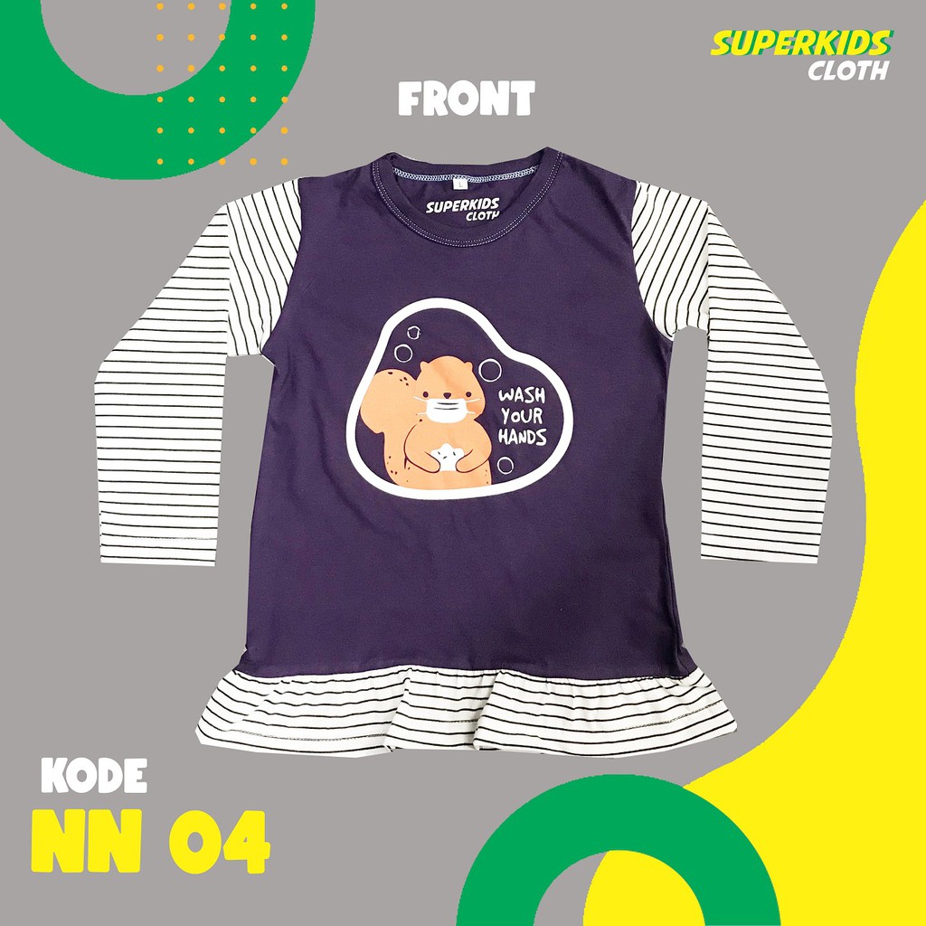 BAJU ANAK PEREMPUAN / KAOS ANAK PEREMPUAN / PAKAIAN ANAK CEWEK KAOS ANAK CEWEK LENGAN PANJANG STRIPE WASH HAND (NEW NORMAL EDITION) SUPERKIDS CLOTH 1 - 11 TAHUN