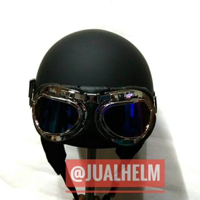 Helm Chips/Helm Vintage Black Doff Dengan Kacamata Goggle