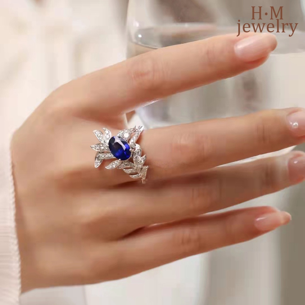 Cincin S925 Silver Model Terbuka Desain Sayap Aksen Berlian Sapphire Warna Biru