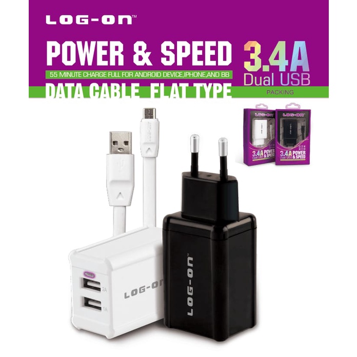 CHARGER CASAN LOGON LOG ON LO21 2 PORT 2 USB 2 OUTPUT 3.4A TYPE MICRO-USB /TYPE-C / LIGHTNING