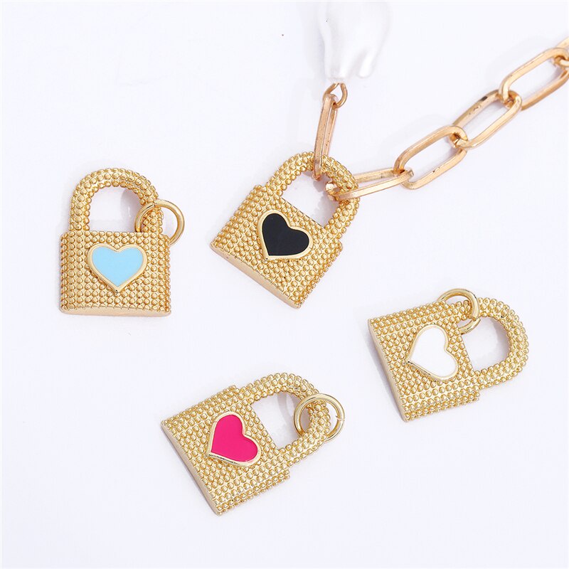 1Pc Gold Plated Enamel Lock Key Heart Charm Pendants for Bracelet Necklace Earring Making DIY Jewelry Accessories