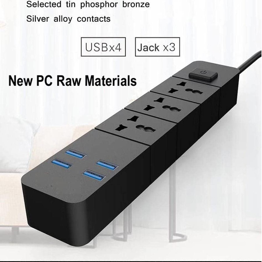 Lucky Hawk T18 2M Power Strip Stop Kontak 3 Power Socket 4 USB Port