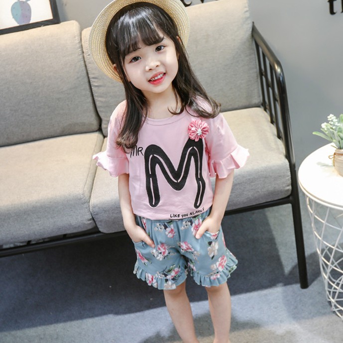 KF Cat Setelan anak perempuan / set baju celana anak cewek import bunga cantik 1-4thn bahan katun trendy-PINK