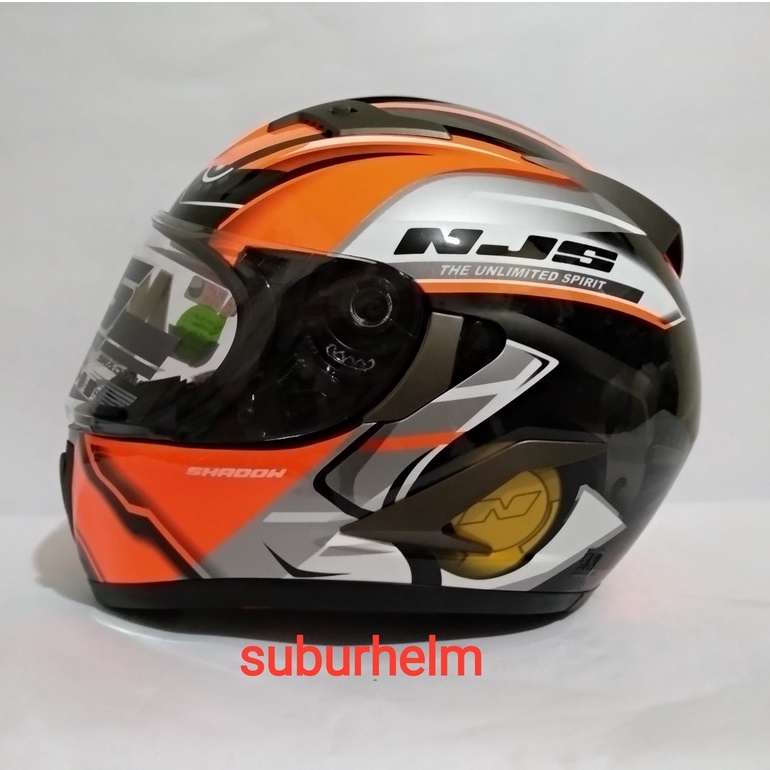 HELM  NJS SHADOW  MACHINE   BLACK ORANGE  FLUO   FREE FLAT VISOR  + TEAR OFF  CLEAR    PAKET GANTENG