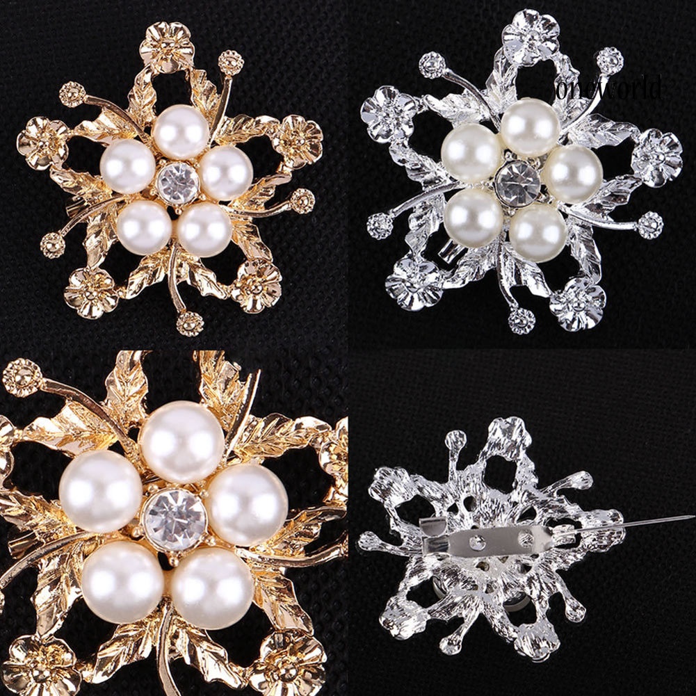 OW@ Rhinestone Faux Pearl Flower Broach Brooch Pin Bouquet Wedding Bridal Jewelry