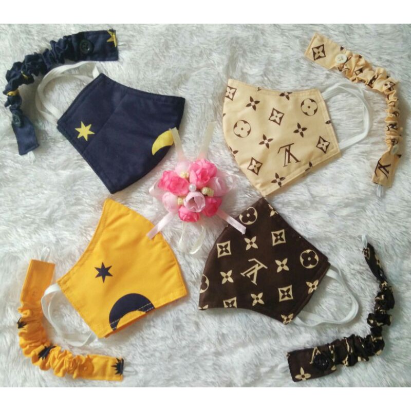 Masker Konektor LV 3Ply Katun Motif Mickey Mouse Moon Star Flower Bulan Bintang Bunga bukan medis