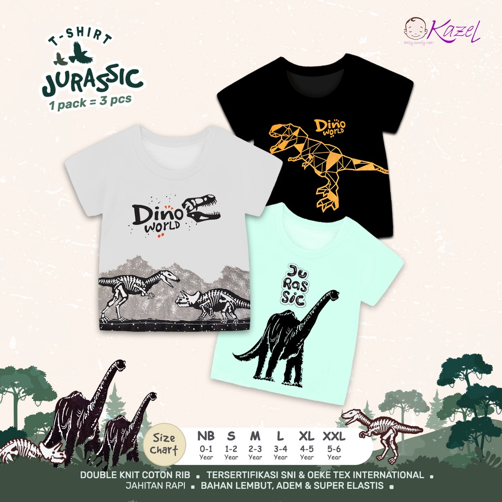 Kazel Tshirt Boy Jurassic 0-5Thn (3Pcs) Kaos Atasan Anak Cowok