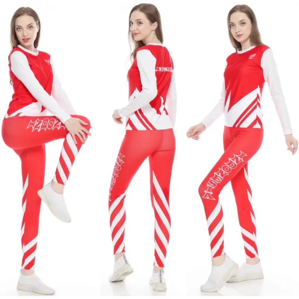 Setelan Olahraga Senam Wanita Merah Putih / Setelan Kaos Lengan Panjang merah Putih printing