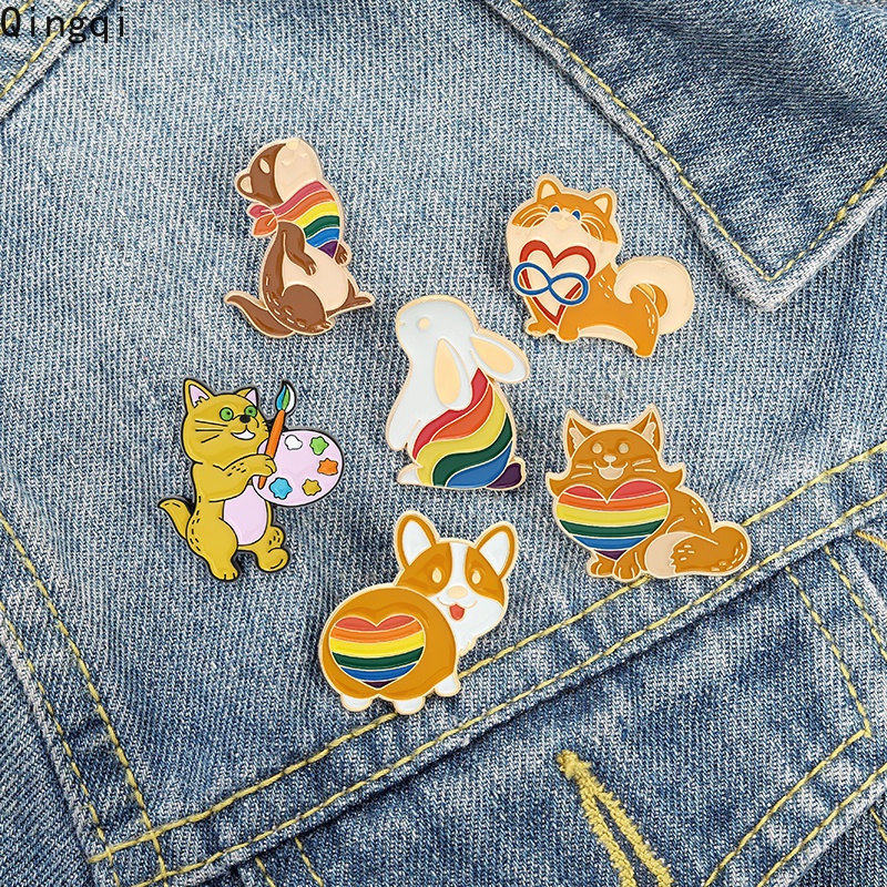 Bros Pin Enamel Bentuk Kartun Hewan Kucing Kelinci Corgi Tupai Warna Pelangi Untuk Hadiah