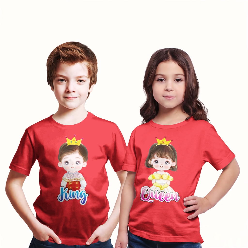 Kaos Couple Anak 1-12 Tahun Laki Laki Perempuan Unisex Sibling Tee Series King &amp; Queen