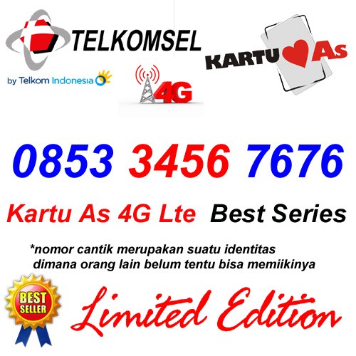 Telkomsel As 4G Lte 0853 3456 7676 Kartu Perdana Nomor Cantik